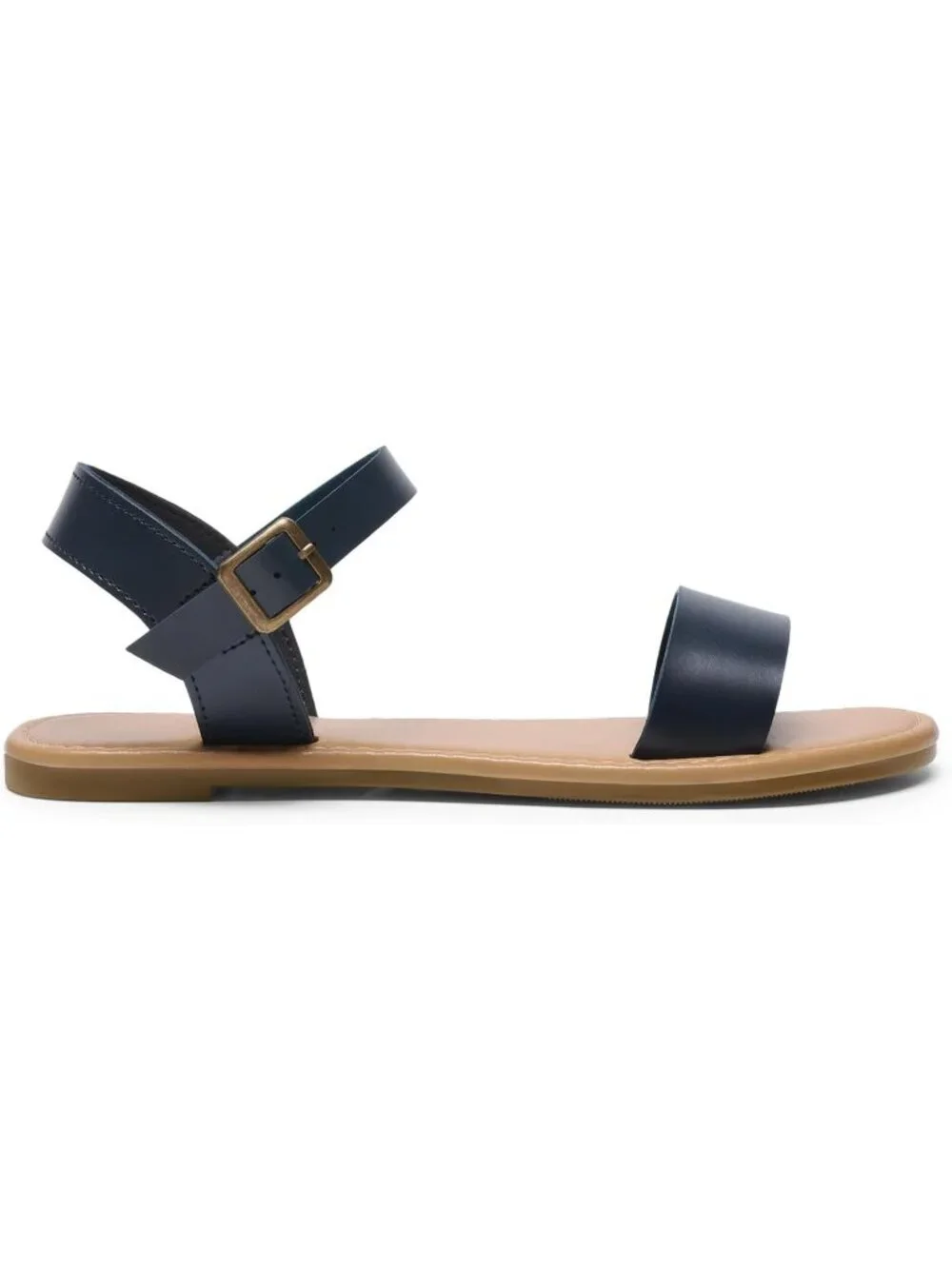 Women's Navy Flat Sandal Open Toe Ankle Strap Faux Leather Non Slip Shoes